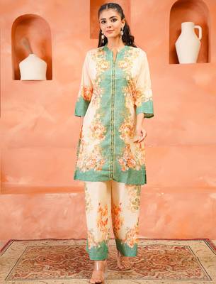 Cream printed cotton kurta trouser set 1