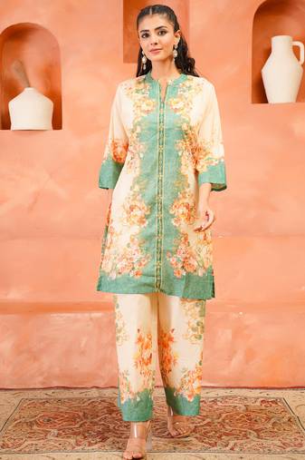 Cream printed cotton kurta trouser set