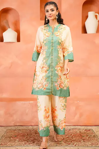 Cream printed cotton kurta trouser set