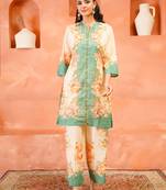 Cream printed cotton kurta trouser set