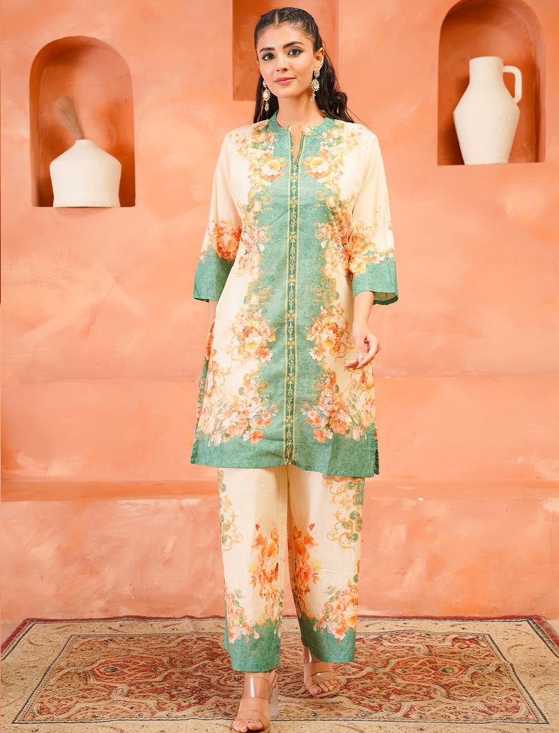 Cream printed cotton kurta trouser set