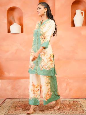 Cream printed cotton kurta trouser set 3