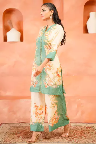 Cream printed cotton kurta trouser set