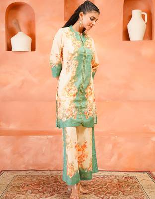 Cream printed cotton kurta trouser set 4