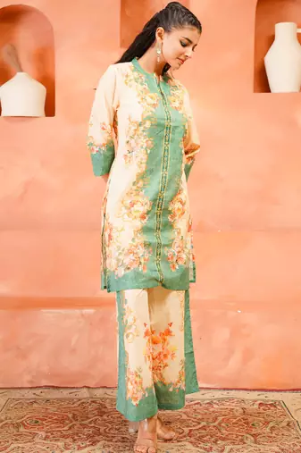 Cream printed cotton kurta trouser set