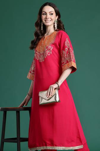 Pink embroidered silk kurta trouser set