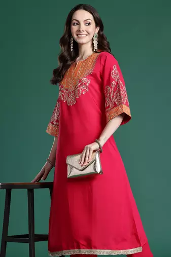 Pink embroidered silk kurta trouser set