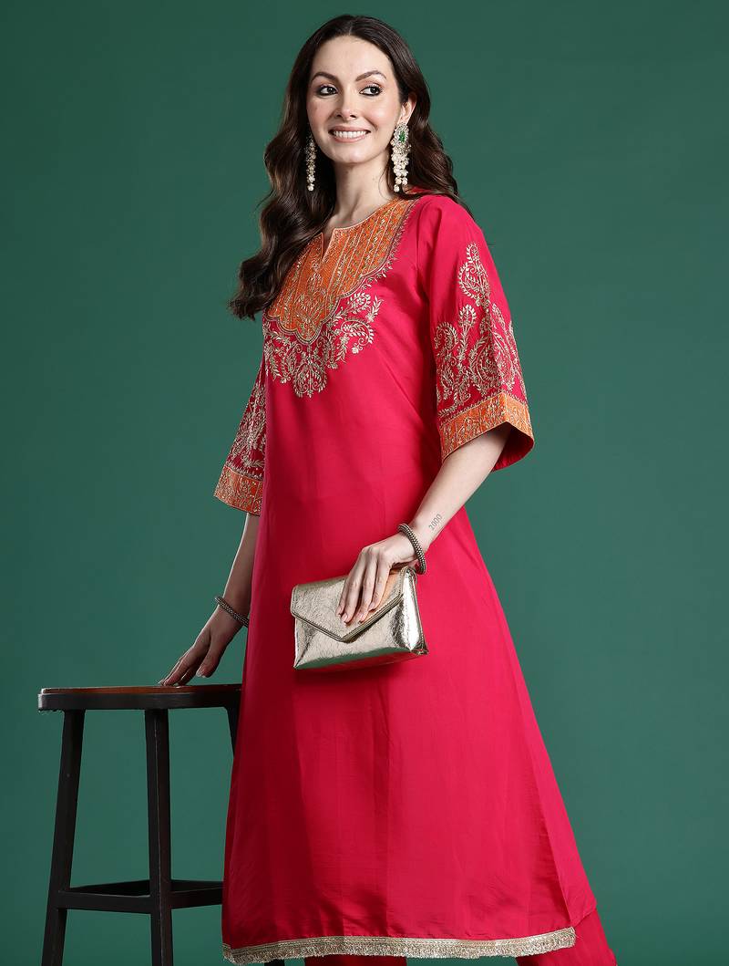 Pink embroidered silk kurta trouser set