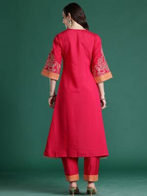 Pink embroidered silk kurta trouser set 2