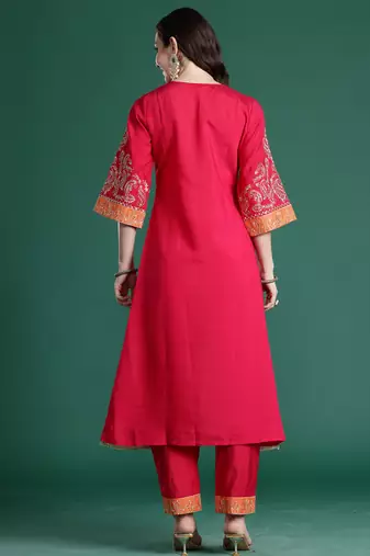 Pink embroidered silk kurta trouser set