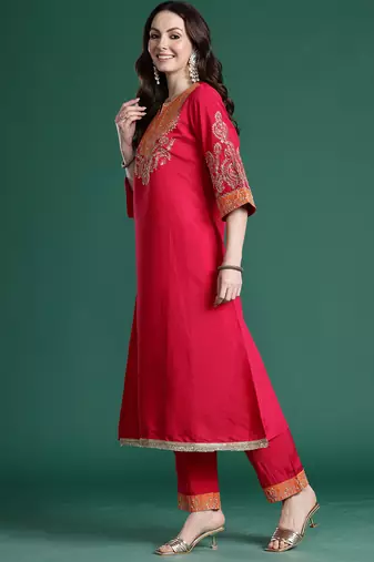 Pink embroidered silk kurta trouser set