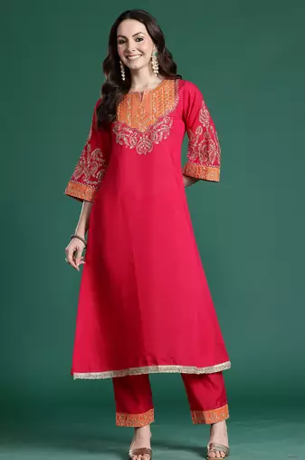 Pink embroidered silk kurta trouser set