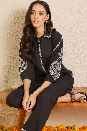 Black embroidered cotton kurta trouser set