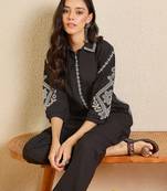 Black embroidered cotton kurta trouser set