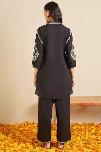 Black embroidered cotton kurta trouser set