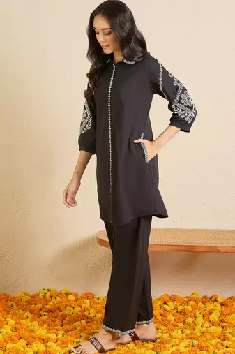Black embroidered cotton kurta trouser set