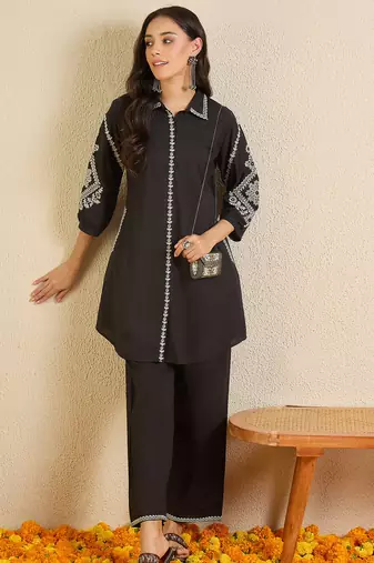 Black embroidered cotton kurta trouser set