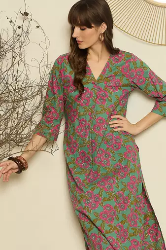 Green printed cotton kurta trouser set
