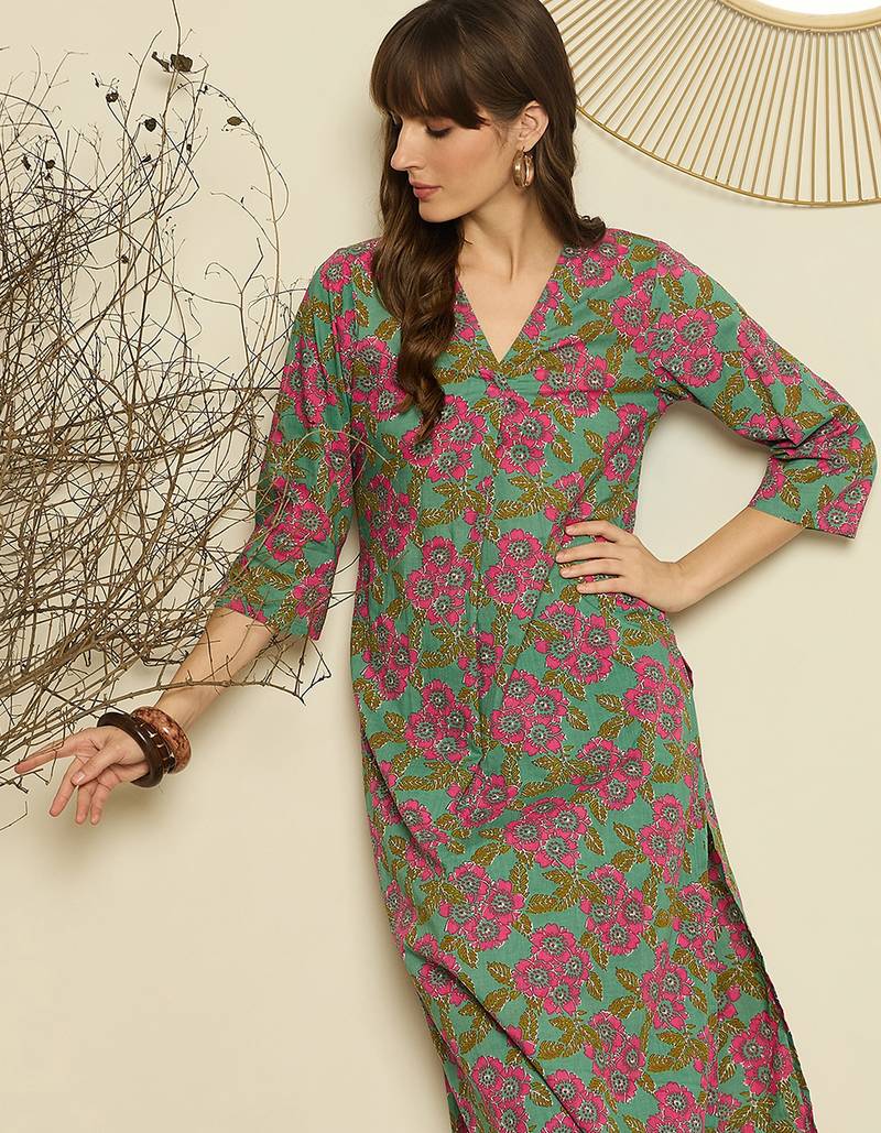 Green printed cotton kurta trouser set