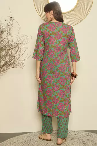 Green printed cotton kurta trouser set