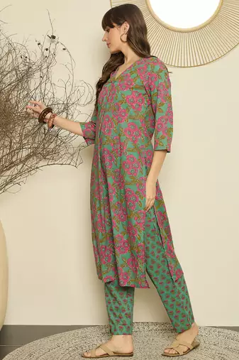 Green printed cotton kurta trouser set