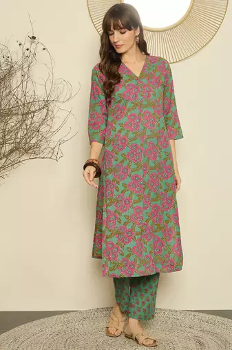 Green printed cotton kurta trouser set