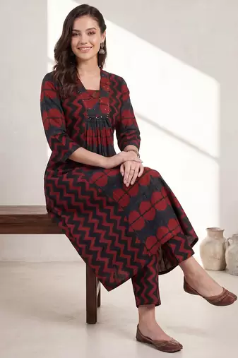 Maroon printed cotton kurta trouser set