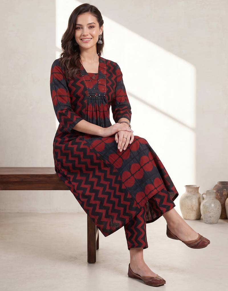 Maroon printed cotton kurta trouser set