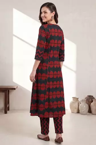 Maroon printed cotton kurta trouser set