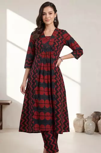 Maroon printed cotton kurta trouser set