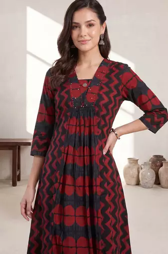 Maroon printed cotton kurta trouser set