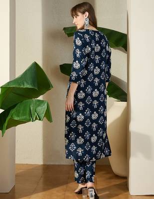 Navy blue printed viscose rayon kurta trouser set 3