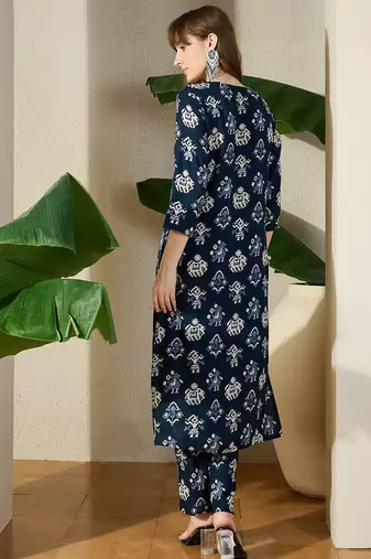 Navy blue printed viscose rayon kurta trouser set