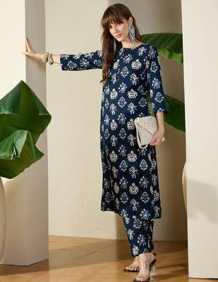 Navy blue printed viscose rayon kurta trouser set 4