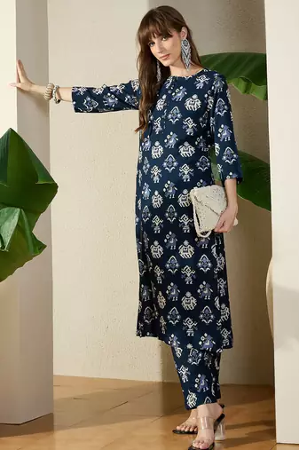 Navy blue printed viscose rayon kurta trouser set