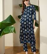 Navy blue printed viscose rayon kurta trouser set
