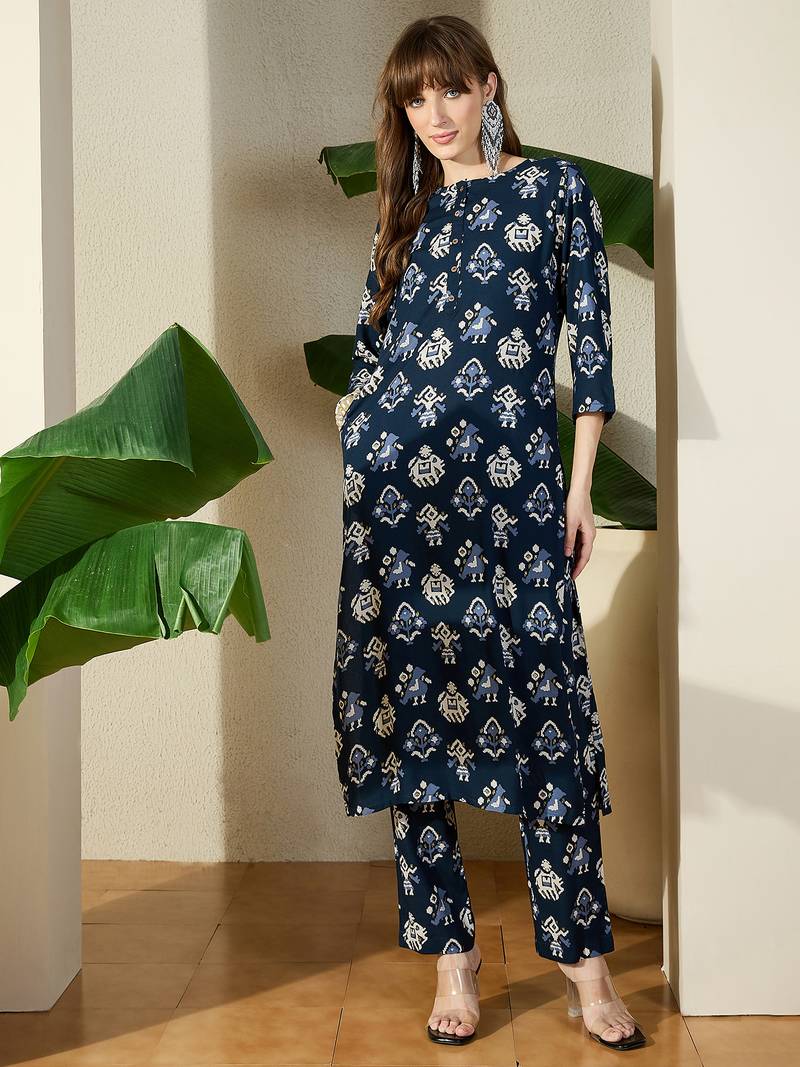 Navy blue printed viscose rayon kurta trouser set