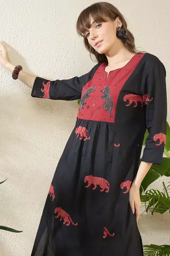 Black embroidered cotton kurta trouser set