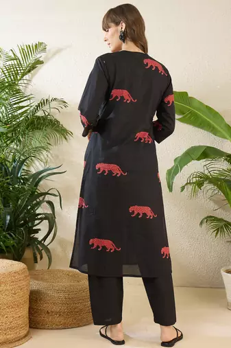Black embroidered cotton kurta trouser set