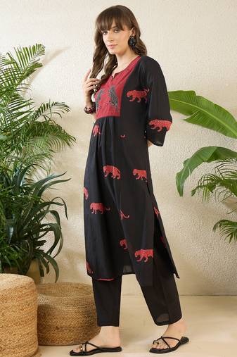 Black embroidered cotton kurta trouser set