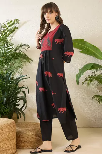 Black embroidered cotton kurta trouser set