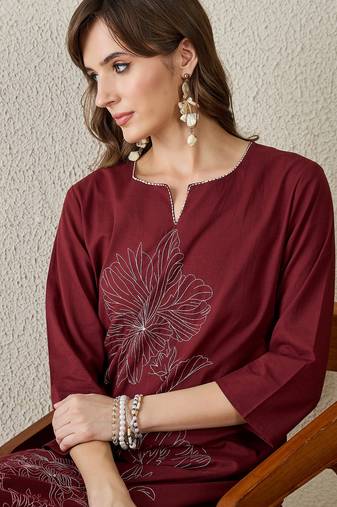Burgundy embroidered cotton kurta trouser set