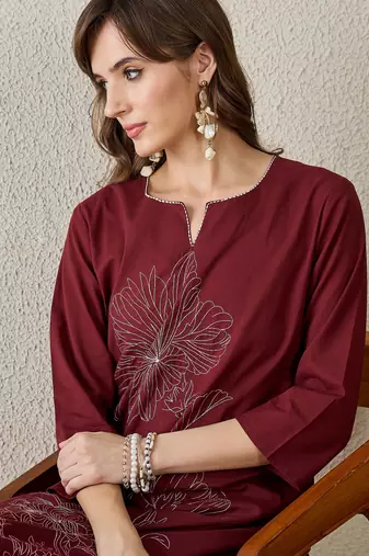 Burgundy embroidered cotton kurta trouser set