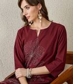 Burgundy embroidered cotton kurta trouser set