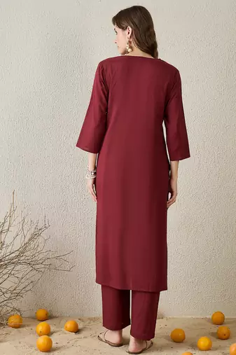 Burgundy embroidered cotton kurta trouser set
