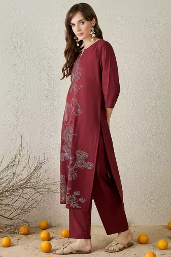 Burgundy embroidered cotton kurta trouser set