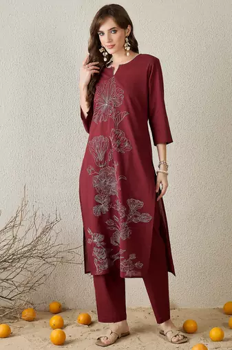 Burgundy embroidered cotton kurta trouser set