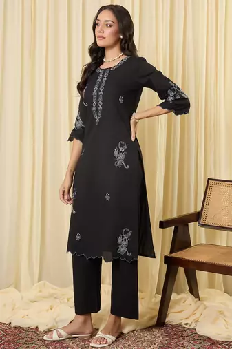 Black embroidered cotton kurta trouser set