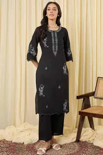 Black embroidered cotton kurta trouser set