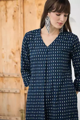 Blue printed cotton kurta trouser set